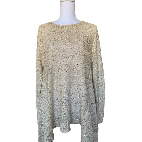 John Fashion Sweaters - John Fashion Sweater Top Gold Sequin Long Sleeve Open Knit Sharkbite Sz L NEW